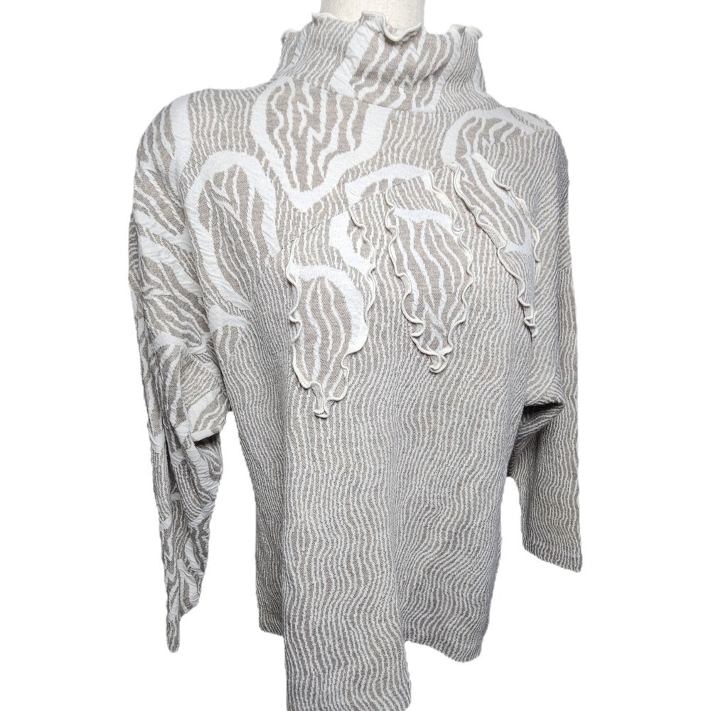Neutral, Mock Neck Textured Design Sweater, Lettuce Neckline Size Lg 100% Cotton